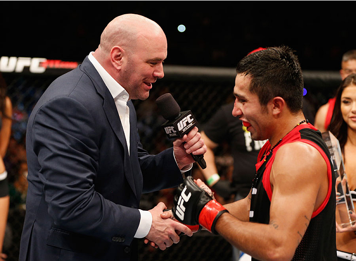 MEXICO CITY, MEXICO - NOVEMBER 15: (L-R) UFC President Dana White congratulates Alejandro Perez after his victory over Jose Quinonez in their bantamweight bout and becomes the winner of the Ultimate Fighter Latin Americaduring the UFC 180 event at Arena