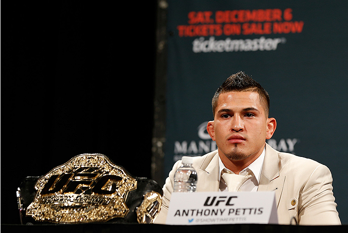 LAS VEGAS, NV - SEPTEMBER 26: UFC lightweight champion Anthony Pettis interacts with media and fans during the UFC 181 press conference at the MGM Grand Conference Center on September 26, 2014 in Las Vegas, Nevada. (Photo by Josh Hedges/Zuffa LLC/Zuffa LL