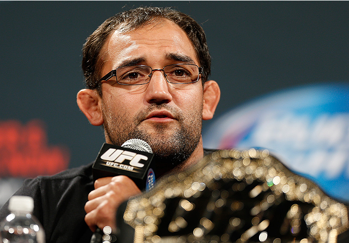 LAS VEGAS, NV - SEPTEMBER 26: UFC welterweight champion Johny Hendricks interacts with media and fans during the UFC 181 press conference at the MGM Grand Conference Center on September 26, 2014 in Las Vegas, Nevada. (Photo by Josh Hedges/Zuffa LLC/Zuffa