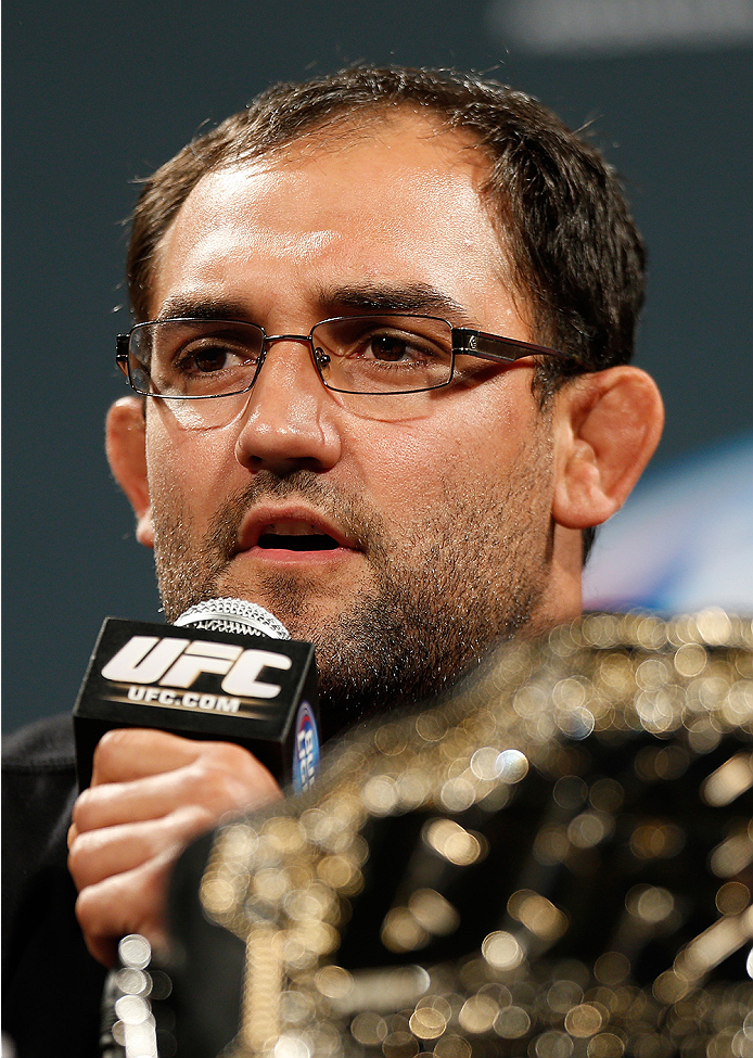 LAS VEGAS, NV - SEPTEMBER 26: UFC welterweight champion Johny Hendricks interacts with media and fans during the UFC 181 press conference at the MGM Grand Conference Center on September 26, 2014 in Las Vegas, Nevada. (Photo by Josh Hedges/Zuffa LLC/Zuffa