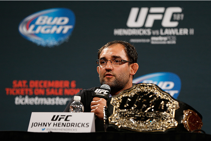 LAS VEGAS, NV - SEPTEMBER 26: UFC welterweight champion Johny Hendricks interacts with media and fans during the UFC 181 press conference at the MGM Grand Conference Center on September 26, 2014 in Las Vegas, Nevada. (Photo by Josh Hedges/Zuffa LLC/Zuffa