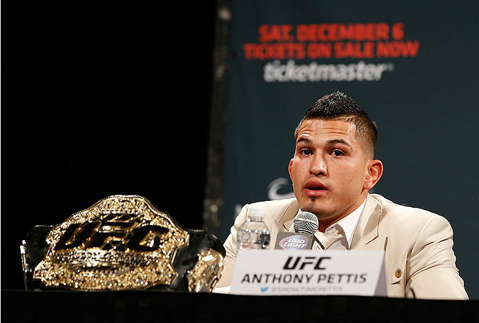 LAS VEGAS, NV - SEPTEMBER 26: UFC lightweight champion Anthony Pettis interacts with media and fans during the UFC 181 press conference at the MGM Grand Conference Center on September 26, 2014 in Las Vegas, Nevada. (Photo by Josh Hedges/Zuffa LLC/Zuffa LL