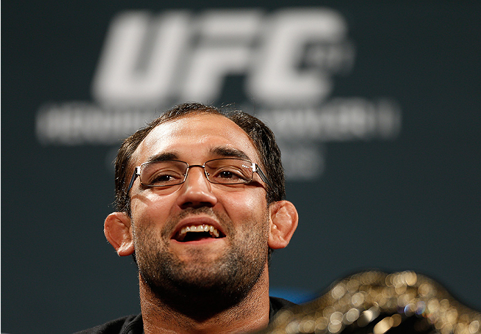 LAS VEGAS, NV - SEPTEMBER 26: UFC welterweight champion Johny Hendricks interacts with media and fans during the UFC 181 press conference at the MGM Grand Conference Center on September 26, 2014 in Las Vegas, Nevada. (Photo by Josh Hedges/Zuffa LLC/Zuffa