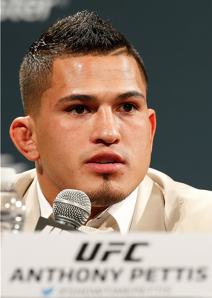 LAS VEGAS, NV - SEPTEMBER 26: UFC lightweight champion Anthony Pettis interacts with media and fans during the UFC 181 press conference at the MGM Grand Conference Center on September 26, 2014 in Las Vegas, Nevada. (Photo by Josh Hedges/Zuffa LLC/Zuffa LL