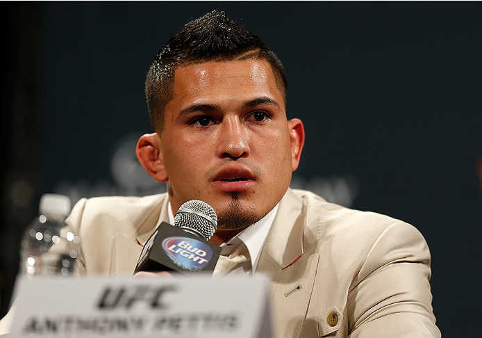 LAS VEGAS, NV - SEPTEMBER 26: UFC lightweight champion Anthony Pettis interacts with media and fans during the UFC 181 press conference at the MGM Grand Conference Center on September 26, 2014 in Las Vegas, Nevada. (Photo by Josh Hedges/Zuffa LLC/Zuffa LL