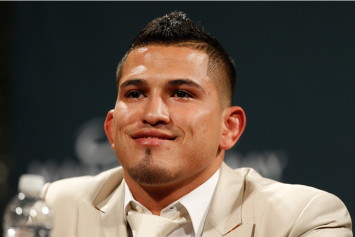 LAS VEGAS, NV - SEPTEMBER 26: UFC lightweight champion Anthony Pettis interacts with media and fans during the UFC 181 press conference at the MGM Grand Conference Center on September 26, 2014 in Las Vegas, Nevada. (Photo by Josh Hedges/Zuffa LLC/Zuffa LL