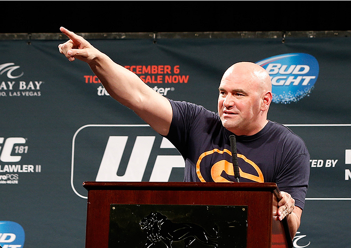 LAS VEGAS, NV - SEPTEMBER 26: UFC President Dana White interacts with media and fans during the UFC 181 press conference at the MGM Grand Conference Center on September 26, 2014 in Las Vegas, Nevada. (Photo by Josh Hedges/Zuffa LLC/Zuffa LLC via Getty Ima