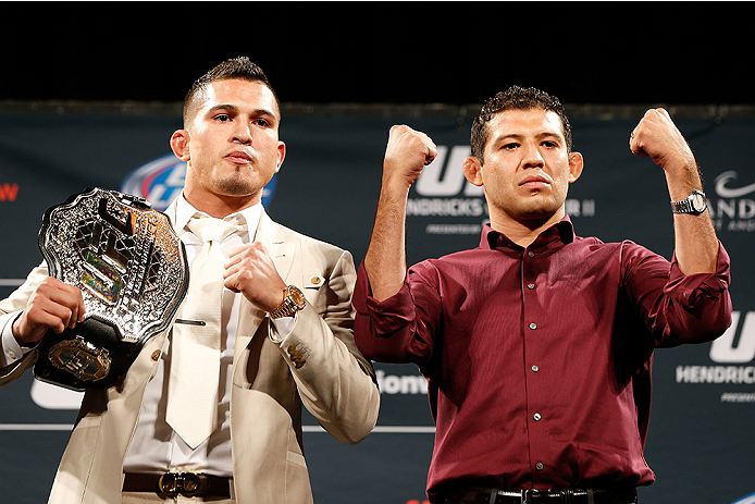 LAS VEGAS, NV - SEPTEMBER 26: (L-R) Opponents Anthony Pettis and Gilbert Melendez pose for photos during the UFC 181 press conference at the MGM Grand Conference Center on September 26, 2014 in Las Vegas, Nevada. (Photo by Josh Hedges/Zuffa LLC/Zuffa LLC