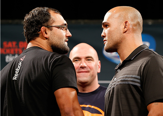 LAS VEGAS, NV - SEPTEMBER 26: (L-R) Opponents Johny Hendricks and Robbie Lawler face off during the UFC 181 press conference at the MGM Grand Conference Center on September 26, 2014 in Las Vegas, Nevada. (Photo by Josh Hedges/Zuffa LLC/Zuffa LLC via Getty