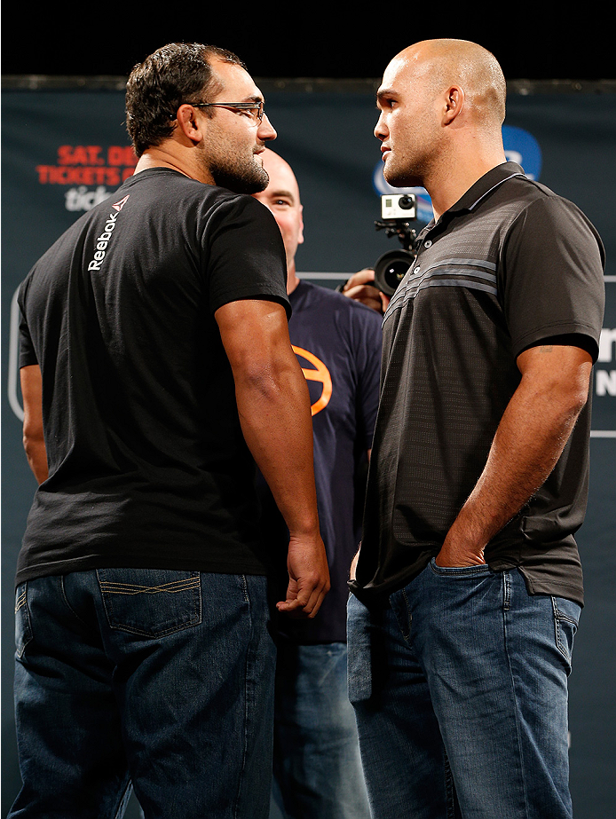 LAS VEGAS, NV - SEPTEMBER 26: (L-R) Opponents Johny Hendricks and Robbie Lawler face off during the UFC 181 press conference at the MGM Grand Conference Center on September 26, 2014 in Las Vegas, Nevada. (Photo by Josh Hedges/Zuffa LLC/Zuffa LLC via Getty