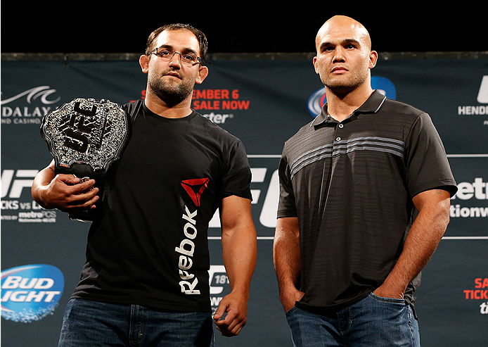 LAS VEGAS, NV - SEPTEMBER 26: (L-R) Opponents Johny Hendricks and Robbie Lawler pose for photos during the UFC 181 press conference at the MGM Grand Conference Center on September 26, 2014 in Las Vegas, Nevada. (Photo by Josh Hedges/Zuffa LLC/Zuffa LLC vi