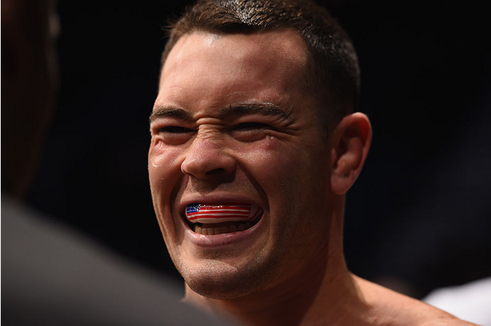 LAS VEGAS, NV - MAY 23: Colby Covington prepares to face Mike Pyle in their welterweight bout during the UFC 187 event at the MGM Grand Garden Arena on May 23, 2015 in Las Vegas, Nevada. (Photo by Josh Hedges/Zuffa LLC/Zuffa LLC via Getty Images)