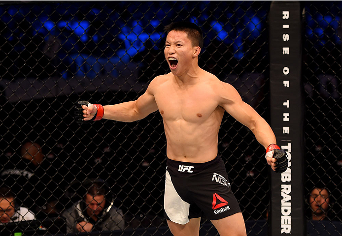MELBOURNE, AUSTRALIA - NOVEMBER 15: Ben Nguyen celebrates his win by submission due to rear naked choke against Ryan Benoit (not pictured) in their flyweight bout during the UFC 193 event at Etihad Stadium on November 15, 2015 in Melbourne, Australia. (