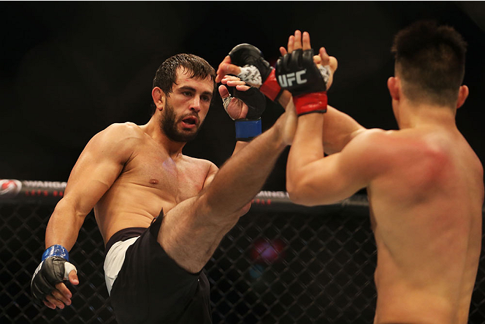 MELBOURNE, AUSTRALIA - NOVEMBER 15: Anton Zafir of Australia (L) competes against James Moontasri of the United States in their welterweight bout during the UFC 193 event at Etihad Stadium on November 15, 2015 in Melbourne, Australia. (Photo by Pat Scal