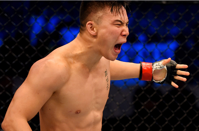 MELBOURNE, AUSTRALIA - NOVEMBER 15: James Moontasri celebrates his first round win by TKO against Anton Zafir (not pictured) in their welterweight bout during the UFC 193 event at Etihad Stadium on November 15, 2015 in Melbourne, Australia. (Photo by Jo
