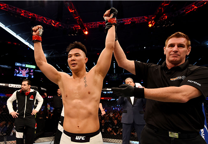 MELBOURNE, AUSTRALIA - NOVEMBER 15: James Moontasri celebrates his first round win by TKO over Anton Zafir (not pictured) in their welterweight bout during the UFC 193 event at Etihad Stadium on November 15, 2015 in Melbourne, Australia. (Photo by Josh