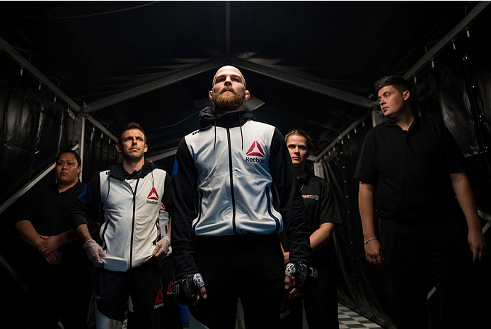 MELBOURNE, AUSTRALIA - NOVEMBER 15: Richard Walsh prepares to enter the Octagon before facing Steven Kennedy in their welterweight bout during the UFC 193 event at Etihad Stadium on November 15, 2015 in Melbourne, Australia. (Photo by Brandon Magnus/Zuf