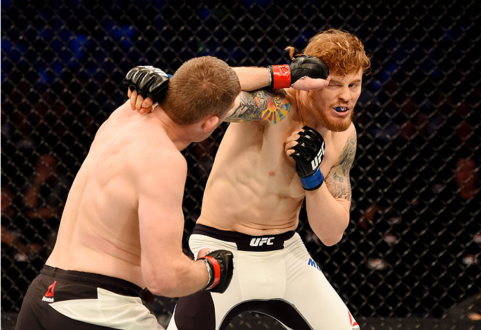 MELBOURNE, AUSTRALIA - NOVEMBER 15: (L-R) Daniel Kelly and Steve Montgomery exchange punches in their middleweight bout during the UFC 193 event at Etihad Stadium on November 15, 2015 in Melbourne, Australia. (Photo by Josh Hedges/Zuffa LLC/Zuffa LLC via