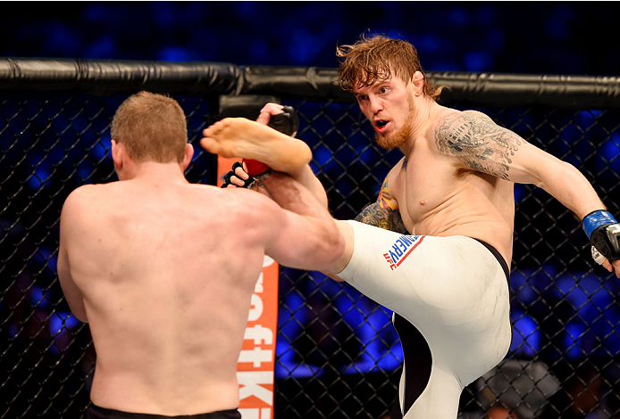 MELBOURNE, AUSTRALIA - NOVEMBER 15: Steve Montgomery (R) kicks Daniel Kelly (L) in their middleweight bout during the UFC 193 event at Etihad Stadium on November 15, 2015 in Melbourne, Australia. (Photo by Josh Hedges/Zuffa LLC/Zuffa LLC via Getty Images