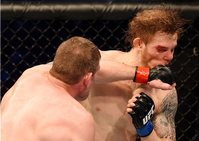 MELBOURNE, AUSTRALIA - NOVEMBER 15: Daniel Kelly (L) lands a left-handed punch against Steve Montgomery (R) in their middleweight bout during the UFC 193 event at Etihad Stadium on November 15, 2015 in Melbourne, Australia. (Photo by Josh Hedges/Zuffa L