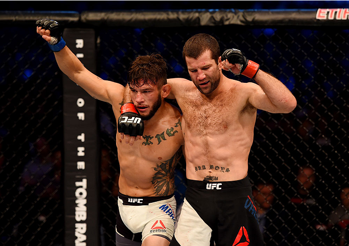 MELBOURNE, AUSTRALIA - NOVEMBER 15: (L-R) Danny Martinez and Richie Vaculik celebrate together after their flyweight bout during the UFC 193 event at Etihad Stadium on November 15, 2015 in Melbourne, Australia. (Photo by Josh Hedges/Zuffa LLC/Zuffa LLC