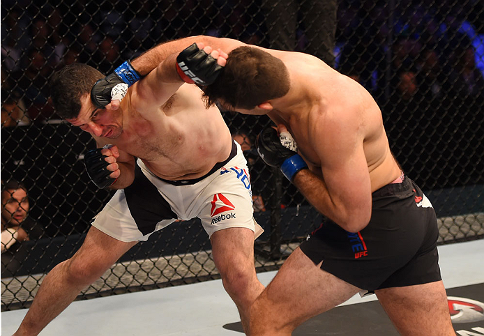 MELBOURNE, AUSTRALIA - NOVEMBER 15: Gian Villante (R) lands a right-handed punch against Anthony Perosh (L) in round one of their light heavyweight bout during the UFC 193 event at Etihad Stadium on November 15, 2015 in Melbourne, Australia. (Photo by J