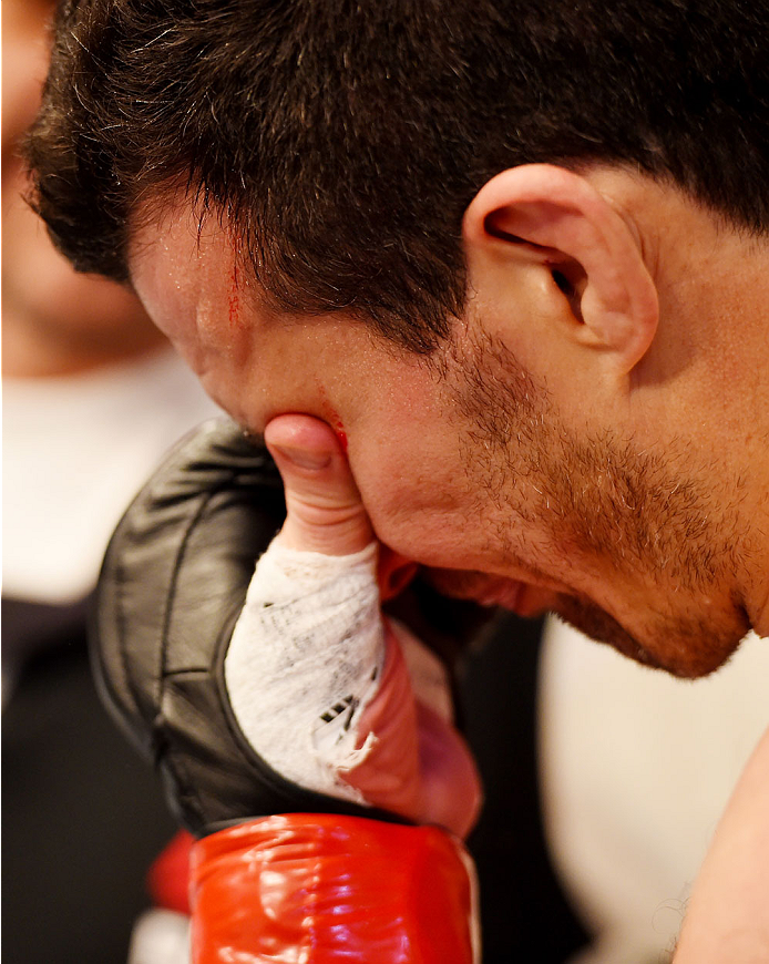 MELBOURNE, AUSTRALIA - NOVEMBER 15: Anthony Perosh reacts after losing by KO (punch) in round one to Gian Villante (not pictured) in their light heavyweight bout during the UFC 193 event at Etihad Stadium on November 15, 2015 in Melbourne, Australia. (P