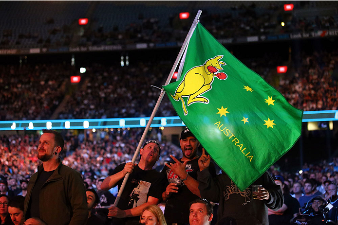 MELBOURNE, AUSTRALIA - NOVEMBER 15: Australian fans show thier support during the UFC 193 event at Etihad Stadium on November 15, 2015 in Melbourne, Australia. (Photo by Scott Barbour /Zuffa LLC/Zuffa LLC via Getty Images)