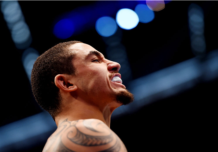MELBOURNE, AUSTRALIA - NOVEMBER 15: Robert Whittaker looks on before fighting against Uriah Hall (not pictured) in their middleweight bout during the UFC 193 event at Etihad Stadium on November 15, 2015 in Melbourne, Australia. (Photo by Josh Hedges/Zuf