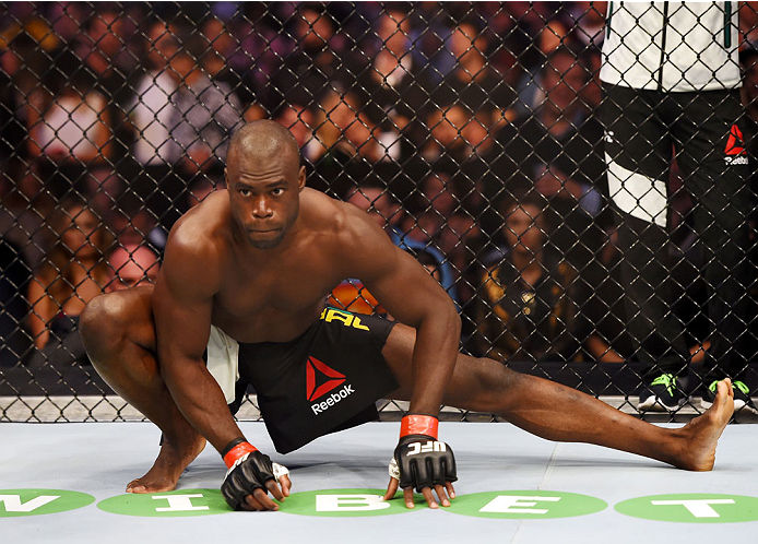 MELBOURNE, AUSTRALIA - NOVEMBER 15: Uriah Hall stretches in the Octagon before fighting against Robert Whittaker (not pictured) in their middleweight bout during the UFC 193 event at Etihad Stadium on November 15, 2015 in Melbourne, Australia. (Photo by