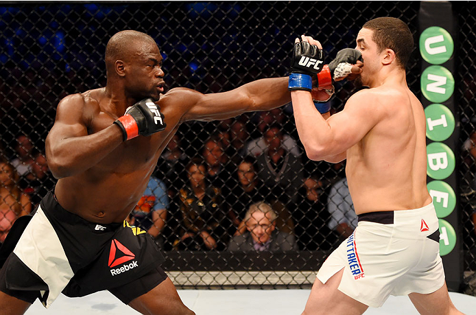 MELBOURNE, AUSTRALIA - NOVEMBER 15: (L-R) Uriah Hall throws a left-handed punch against Robert Whittaker in their middleweight bout during the UFC 193 event at Etihad Stadium on November 15, 2015 in Melbourne, Australia. (Photo by Josh Hedges/Zuffa LLC/