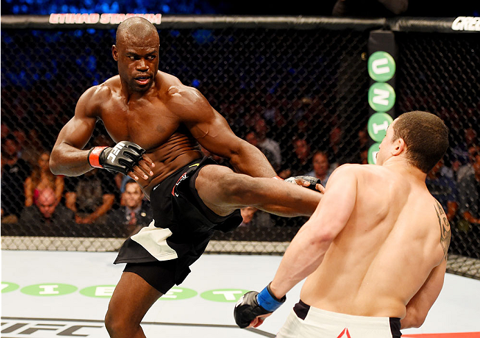 MELBOURNE, AUSTRALIA - NOVEMBER 15: Uriah Hall (L) throws a kick against Robert Whittaker (R) in their middleweight bout during the UFC 193 event at Etihad Stadium on November 15, 2015 in Melbourne, Australia. (Photo by Josh Hedges/Zuffa LLC/Zuffa LLC v