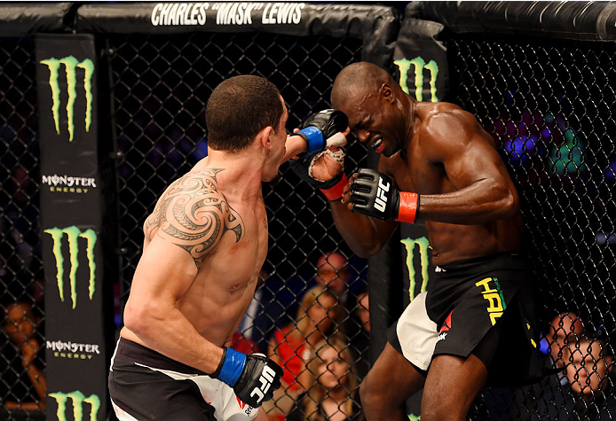 MELBOURNE, AUSTRALIA - NOVEMBER 15: (L-R) Robert Whittaker throws a left-handed punch against Uriah Hall in their middleweight bout during the UFC 193 event at Etihad Stadium on November 15, 2015 in Melbourne, Australia. (Photo by Josh Hedges/Zuffa LLC/Z