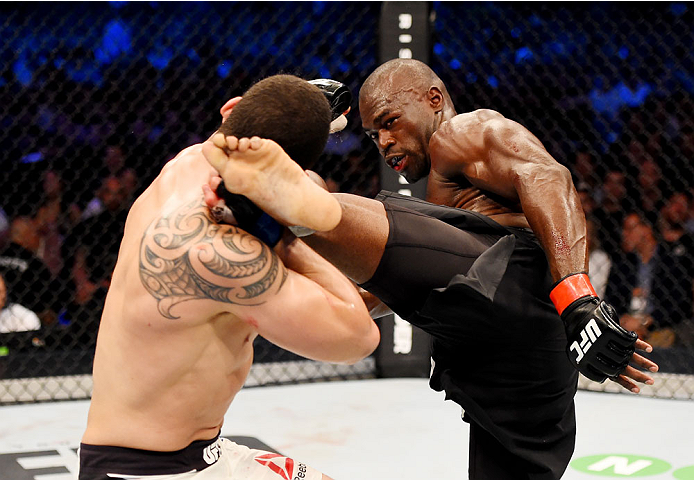 MELBOURNE, AUSTRALIA - NOVEMBER 15: Uriah Hall (R) kicks Robert Whittaker (L) in their middleweight bout during the UFC 193 event at Etihad Stadium on November 15, 2015 in Melbourne, Australia. (Photo by Josh Hedges/Zuffa LLC/Zuffa LLC via Getty Images)