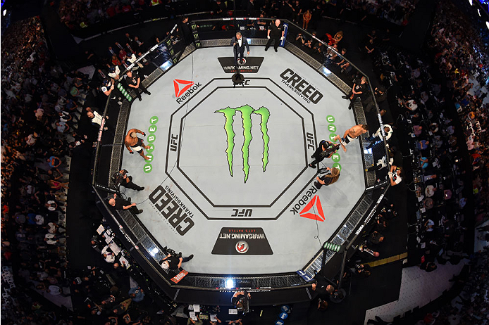 MELBOURNE, AUSTRALIA - NOVEMBER 15: An overhead view of the Octagon as Mark Hunt and Antonio 'Bigfoot' Silva prepare to face off in a heavyweight bout during the UFC 193 event at Etihad Stadium on November 15, 2015 in Melbourne, Australia. (Photo by Jos
