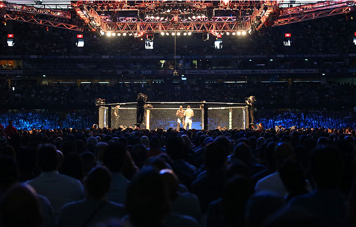 MELBOURNE, AUSTRALIA - NOVEMBER 15: A general view as Robert Whittaker of New Zealand and Uriah Hall of Jamaica compete in their middleweight bout during the UFC 193 event at Etihad Stadium on November 15, 2015 in Melbourne, Australia. (Photo by Scott B