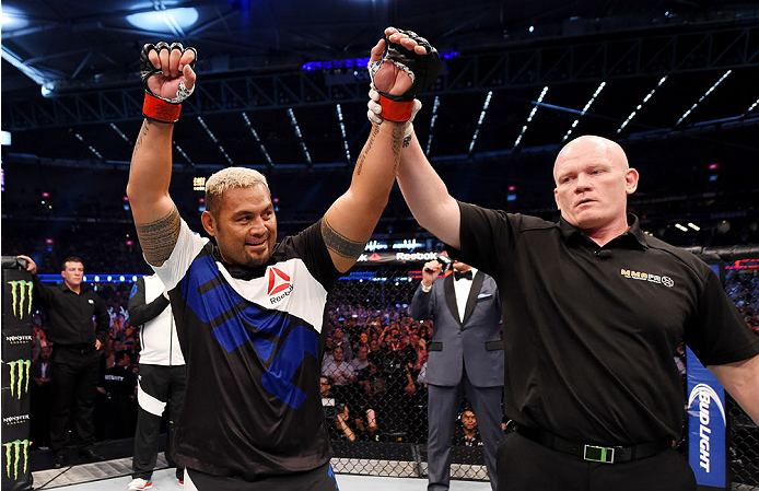MELBOURNE, AUSTRALIA - NOVEMBER 15: Mark Hunt celebrates his win by TKO (punches) over Antonio Silva (not pictured) in their heavyweight bout during the UFC 193 event at Etihad Stadium on November 15, 2015 in Melbourne, Australia. (Photo by Josh Hedges/