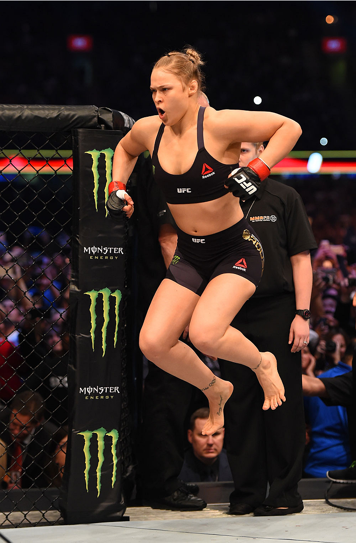 MELBOURNE, AUSTRALIA - NOVEMBER 15: Ronda Rousey enters the Octagon before facing Holly Holm (not pictured) in their UFC women's bantamweight championship bout during the UFC 193 event at Etihad Stadium on November 15, 2015 in Melbourne, Australia. (Pho