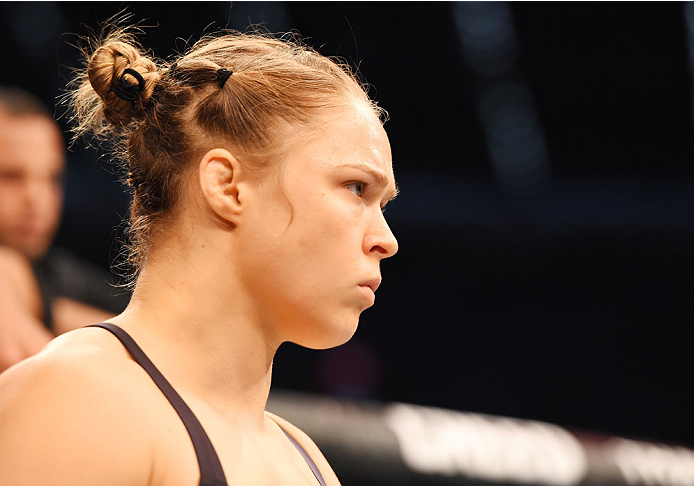 MELBOURNE, AUSTRALIA - NOVEMBER 15: Ronda Rousey looks on before facing Holly Holm (not pictured) in their UFC women's bantamweight championship bout during the UFC 193 event at Etihad Stadium on November 15, 2015 in Melbourne, Australia. (Photo by Josh