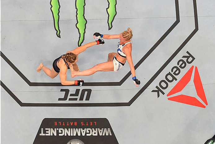 MELBOURNE, AUSTRALIA - NOVEMBER 15: An overhead view of the Octagon as Holly Holm knocks out Ronda Rousey in their UFC women's bantamweight championship bout during the UFC 193 event at Etihad Stadium on November 15, 2015 in Melbourne, Australia. (Photo