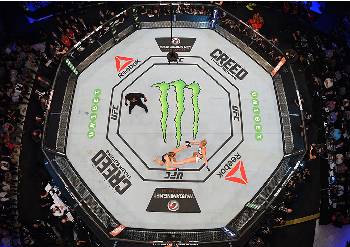 MELBOURNE, AUSTRALIA - NOVEMBER 15: An overhead view of the Octagon as Holly Holm knocks out Ronda Rousey in their UFC women's bantamweight championship bout during the UFC 193 event at Etihad Stadium on November 15, 2015 in Melbourne, Australia. (Photo