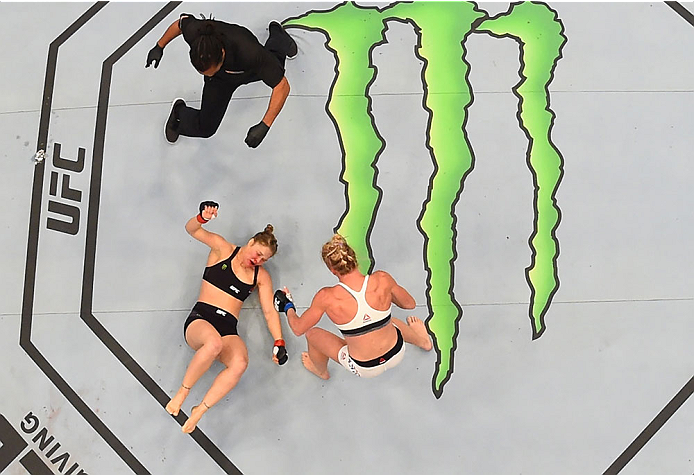 MELBOURNE, AUSTRALIA - NOVEMBER 15: An overhead view of the Octagon as Holly Holm defeats Ronda Rousey by knockout in their UFC women's bantamweight championship bout during the UFC 193 event at Etihad Stadium on November 15, 2015 in Melbourne, Australia