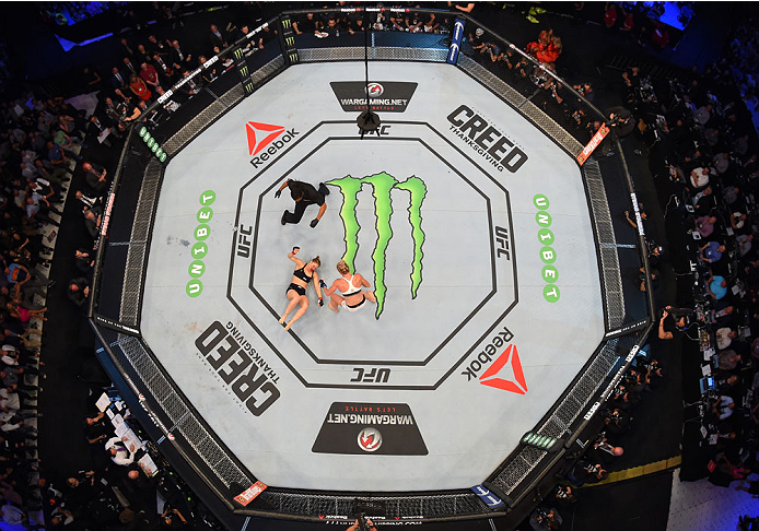 MELBOURNE, AUSTRALIA - NOVEMBER 15: An overhead view of the Octagon as Holly Holm defeats Ronda Rousey by knockout in their UFC women's bantamweight championship bout during the UFC 193 event at Etihad Stadium on November 15, 2015 in Melbourne, Australia