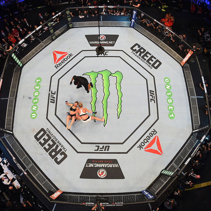 MELBOURNE, AUSTRALIA - NOVEMBER 15: An overhead view of the Octagon as Holly Holm defeats Ronda Rousey by knockout in their UFC women's bantamweight championship bout during the UFC 193 event at Etihad Stadium on November 15, 2015 in Melbourne, Australia