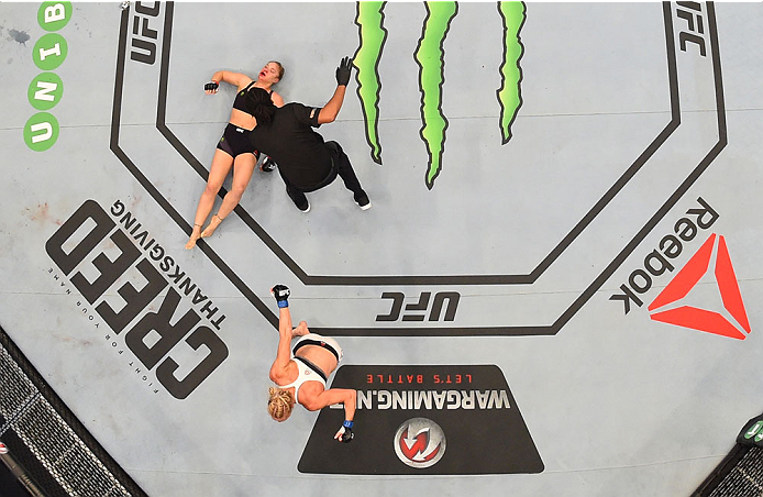 MELBOURNE, AUSTRALIA - NOVEMBER 15: An overhead view of the Octagon as Holly Holm celebrates after her knockout victory over Ronda Rousey in their UFC women's bantamweight championship bout during the UFC 193 event at Etihad Stadium on November 15, 2015