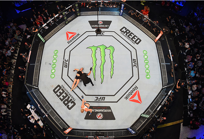 MELBOURNE, AUSTRALIA - NOVEMBER 15: An overhead view of the Octagon as Holly Holm celebrates after her knockout victory over Ronda Rousey in their UFC women's bantamweight championship bout during the UFC 193 event at Etihad Stadium on November 15, 2015