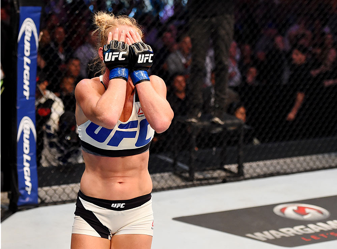 MELBOURNE, AUSTRALIA - NOVEMBER 15: Holly Holm celebrates her second round KO (headkick and punches) over Ronda Rousey (not pictured) in their UFC women's bantamweight championship bout during the UFC 193 event at Etihad Stadium on November 15, 2015 in M