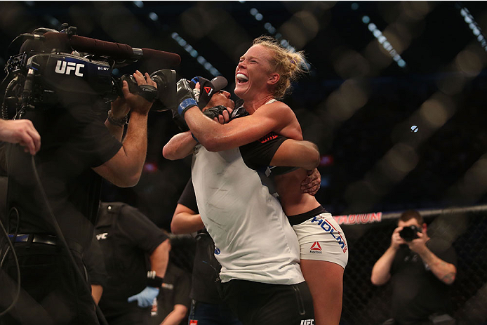 MELBOURNE, AUSTRALIA - NOVEMBER 15: Holly Holm of the United States celebrates victory over Ronda Rousey of the United States in their UFC women's bantamweight championship bout during the UFC 193 event at Etihad Stadium on November 15, 2015 in Melbourne