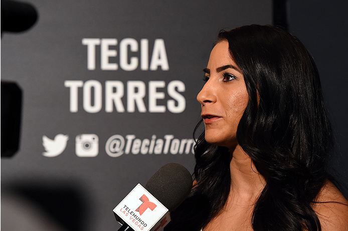 LAS VEGAS, NV - DECEMBER 09: Tecia Torres interacts with media during the UFC Ultimate Media Day at MGM Grand Hotel & Casino on December 9, 2015 in Las Vegas, Nevada. (Photo by Josh Hedges/Zuffa LLC/Zuffa LLC via Getty Images)