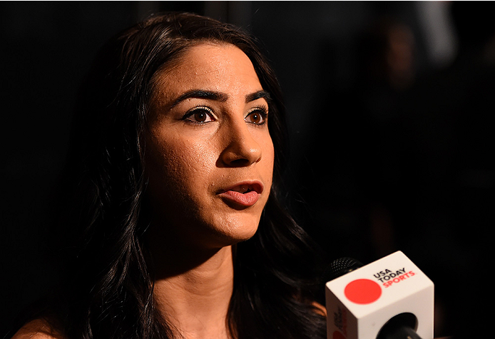 LAS VEGAS, NV - DECEMBER 09: Tecia Torres interacts with media during the UFC Ultimate Media Day at MGM Grand Hotel & Casino on December 9, 2015 in Las Vegas, Nevada. (Photo by Josh Hedges/Zuffa LLC/Zuffa LLC via Getty Images)
